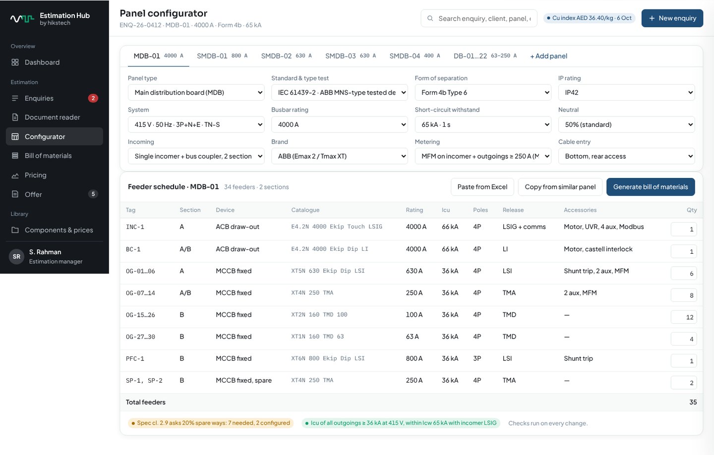 PanelFlow estimation module: panel configurator with feeder schedule for a 4000 A main distribution board