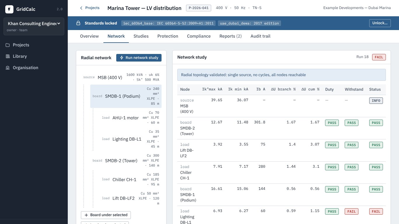 GridCalc network study screen